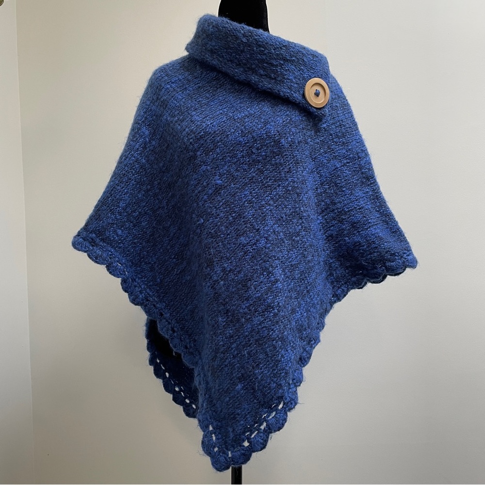 Wool Blend Blue Knit Poncho Made in Portugal